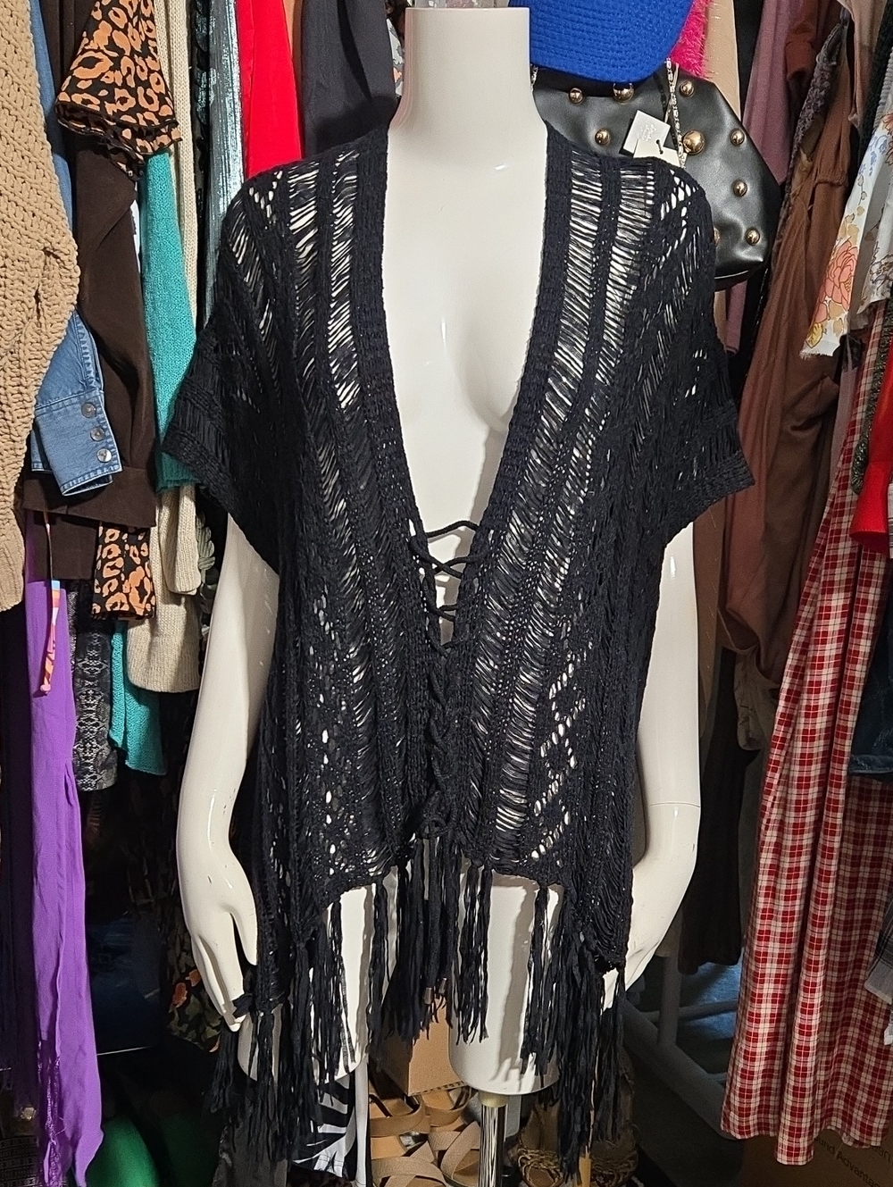 Black Open-Knit Fringe Lace-Up Cardigan